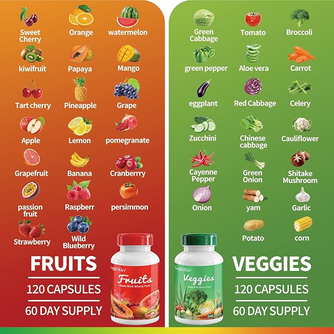 Fruits and Veggies Supplements, Whole Fruit and Vegetable Ingredients for Women, Men, and Kids - 120 Fruits Capsules, 120 Veggies Capsules - 2 Sets