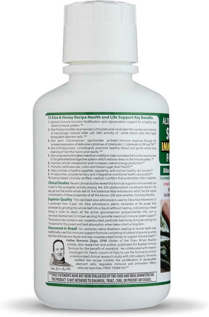 Supreme Immune Health Formula - Dr. Recommended Clinically Proven Immune Health Formula for Adults & Kids - Organic Whole Leaf Aloe Arborescens Juice + Raw Unpasteurized Honey for Immune Support -16oz