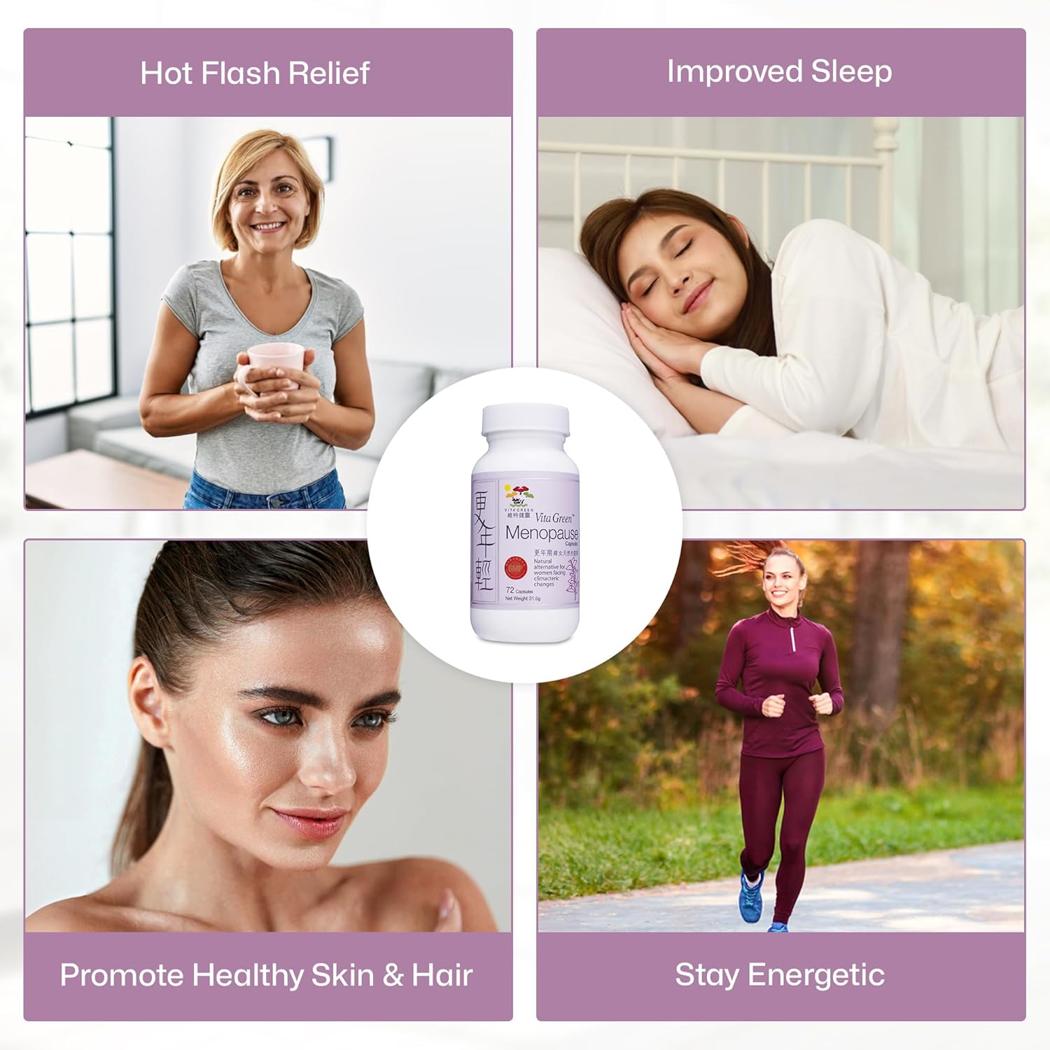 Vita Green Menopause Supplements for Women, Hot Flashes Menopause Relief, Menopausal Symptoms, Hormonal Skin & Hair Condition Improve, Sleep Relief, Night Sweats, 100% Natural - 72 Capsules