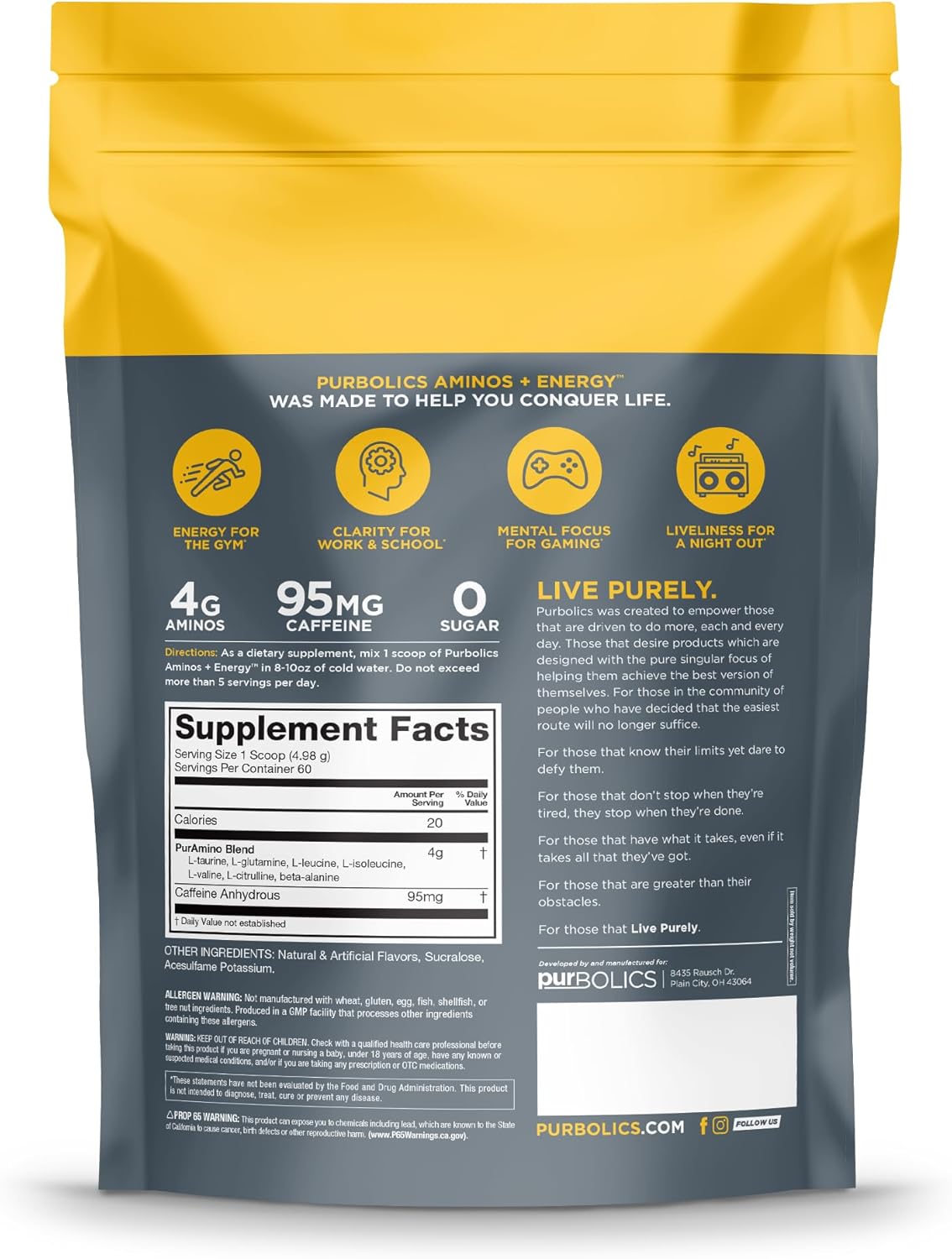 Purbolics Aminos + Energy | Supports Recovery, Energy & Focus | 95mg of Caffeine, 0 Calories & 60 Servings (Blue Steele)