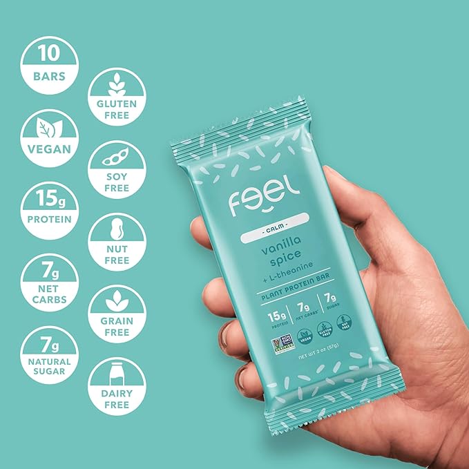 Feel Vegan Protein Bars, Calm, Kava, 15g Protein, Adaptogenic Snack, Organic, Low Sugar, Low Carb, Gluten Free, Dairy, Nut, Grain, Soy Free, Vanilla Spice, 10 Pack