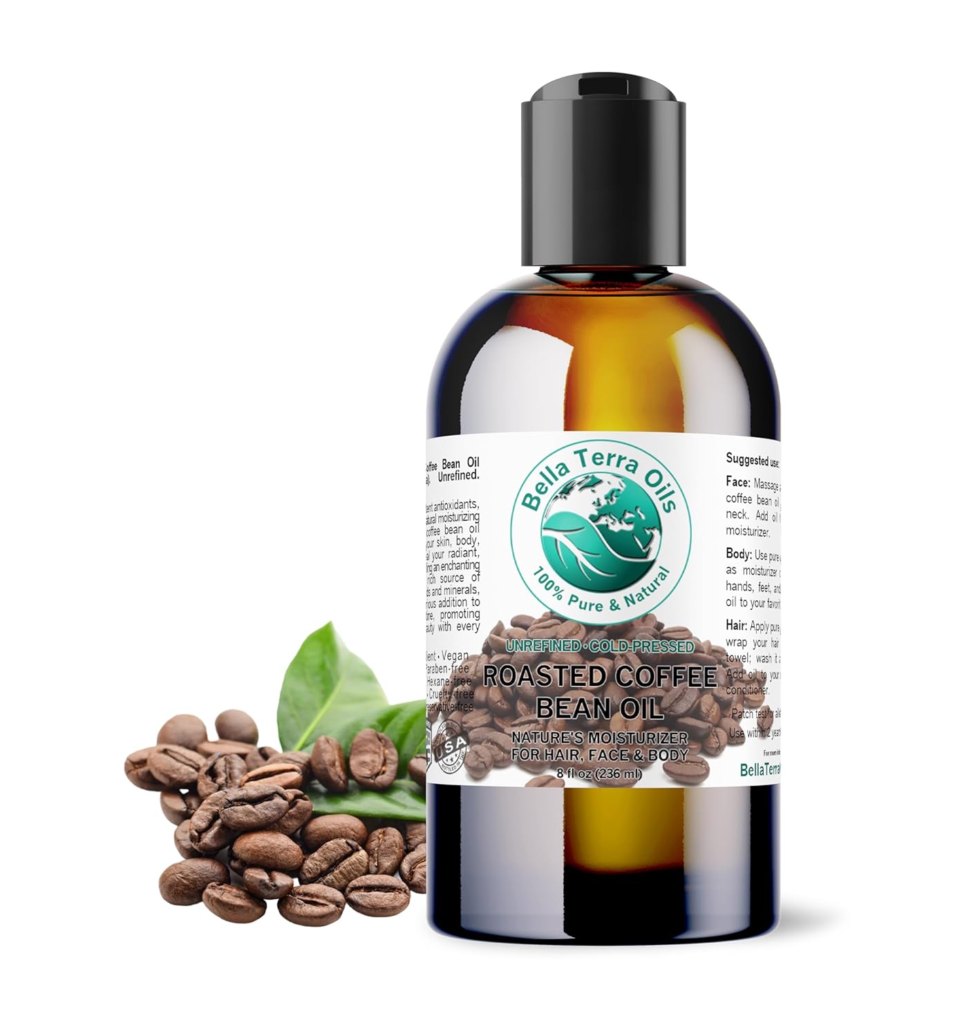 Bella Terra Oils - Roasted Coffee Bean Oil 8 oz - Celebrate the Pure Coffee Oils Essence, Packed with Vitamin E, Perfect for a Nourishing Skin Experience