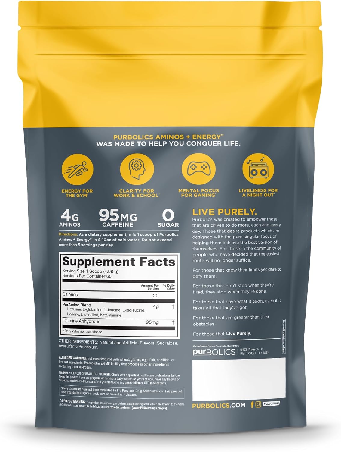 Purbolics Aminos + Energy | Supports Recovery, Energy & Focus | 95mg of Caffeine, 0 Sugar & 60 Servings (The Grape Gatsby)