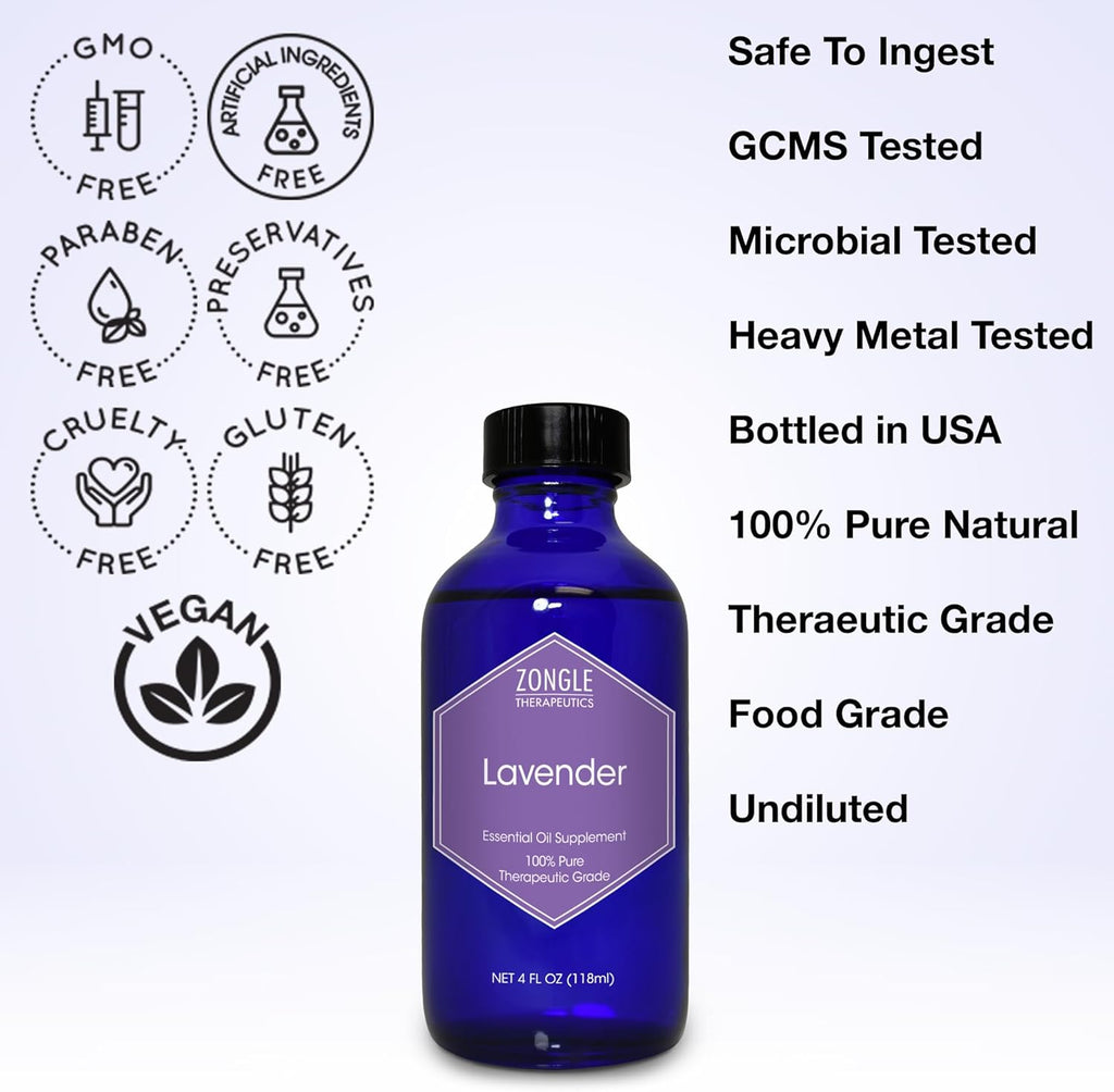 Lavender Essential Oil, Food Grade, for Drinks, Skin, Hair – 100% Pure, Lavender Oil, by Zongle Therapeutics, 4 OZ