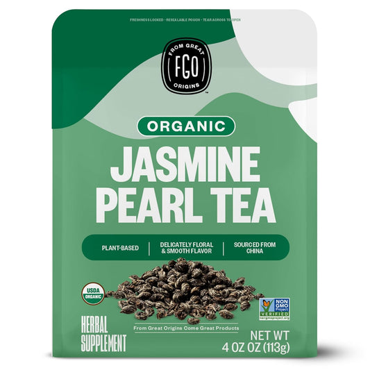 FGO Organic Jasmine Pearl Green Tea, Four Ounce, Loose Leaf, Resealable Bag, Packaging May Vary (Pack of 1)