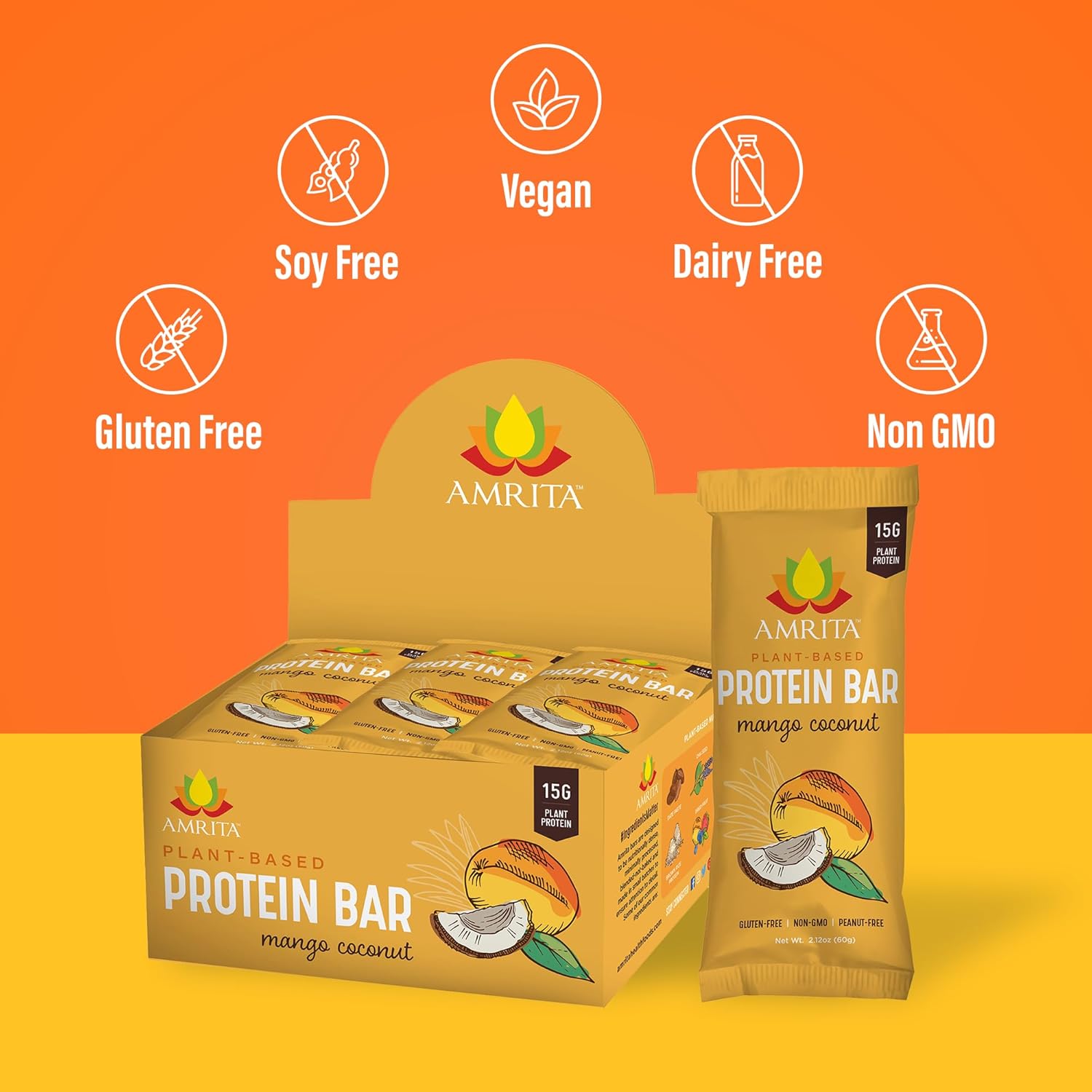 Amrita Nut Free Mango Coconut Vegan Protein Bars (12 Count PK of 3) | 11g Plant-Based Protein Bar | Peanut Free, Gluten Free, and Dairy Free | Low Sugar, High Fiber, Healthy School-Safe Snacks