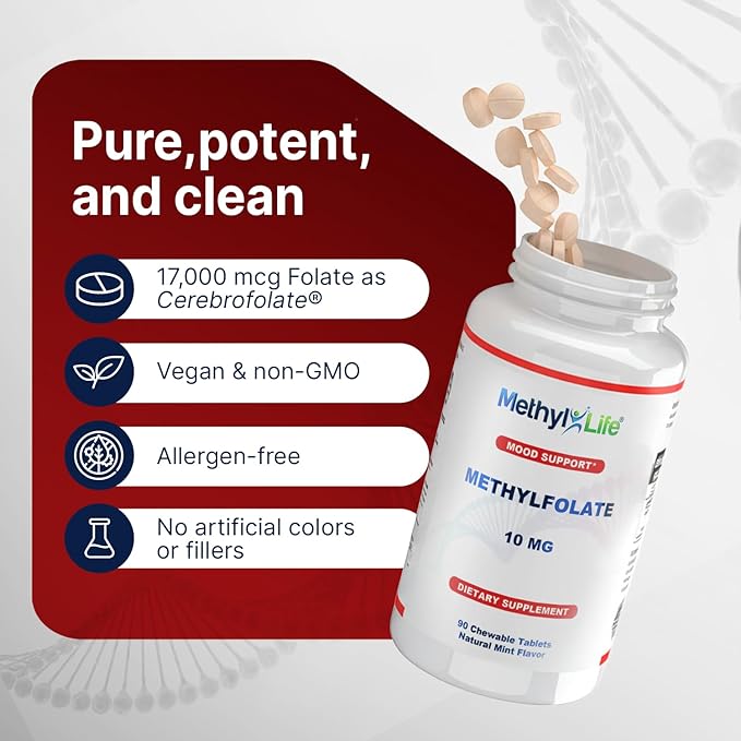 Methyl-Life Purest L-Methylfolate 10 mg Pharmaceutical Grade Professional Strength Active Folate - 3 Months Supply. Chewables. Non-GMO. Gluten Free Methylfolate