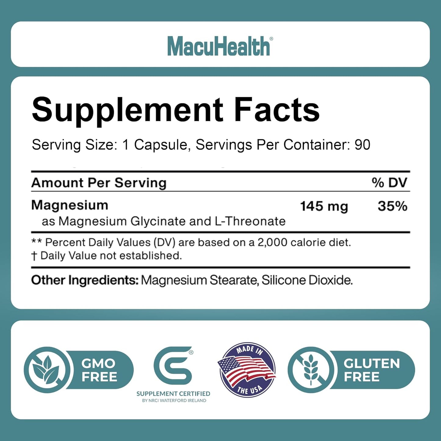 MacuHealth Magnesium Glycinate & L-Threonate 145mg - 90 Capsules - Highly Absorbable Magnesium for Energy, Calm & Focus - Gentle on Stomach, Vegan, Non-GMO - Premium Chelated Magnesium Supplement