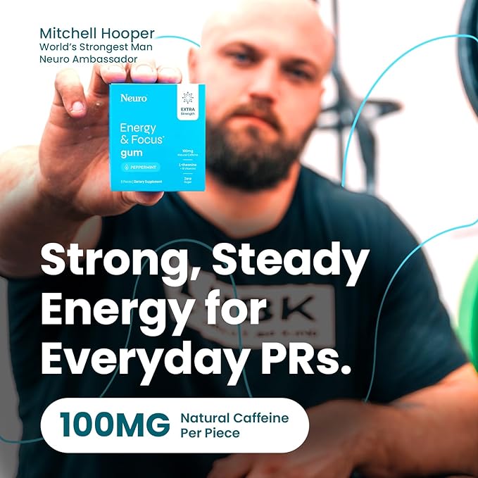 Neuro Energy & Focus Gum, Extra Strength - 100mg Natural Caffeine Gum & Nootropic Energy Supplement with L-Theanine & B Vitamins - Sugar Free, Vegan - Peppermint, 54ct