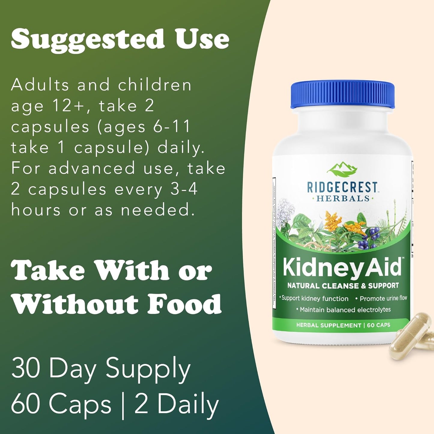 Ridgecrest Herbals KidneyAid, Kidney Health Support Supplement, Hydrangea, Horsetail, Urinary Tract Health Support, Trace Mineral (60 Caps, 30 Serv)