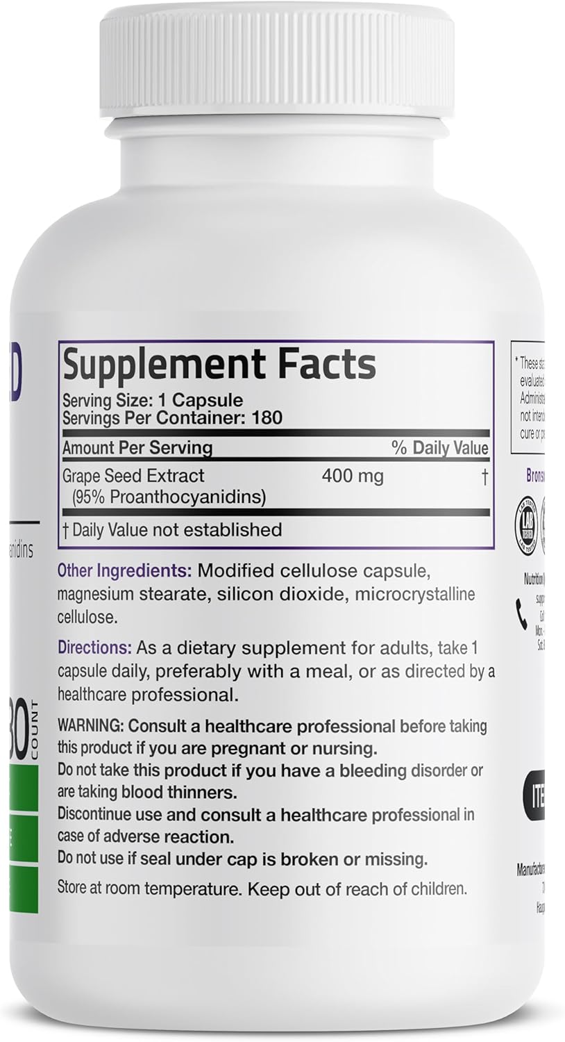Bronson Grape Seed Extract 400 mg - Antioxidant & Immune Support - Standardized Extract with 95% Proanthocyanidins- Non GMO, 180 Vegetarian Capsules
