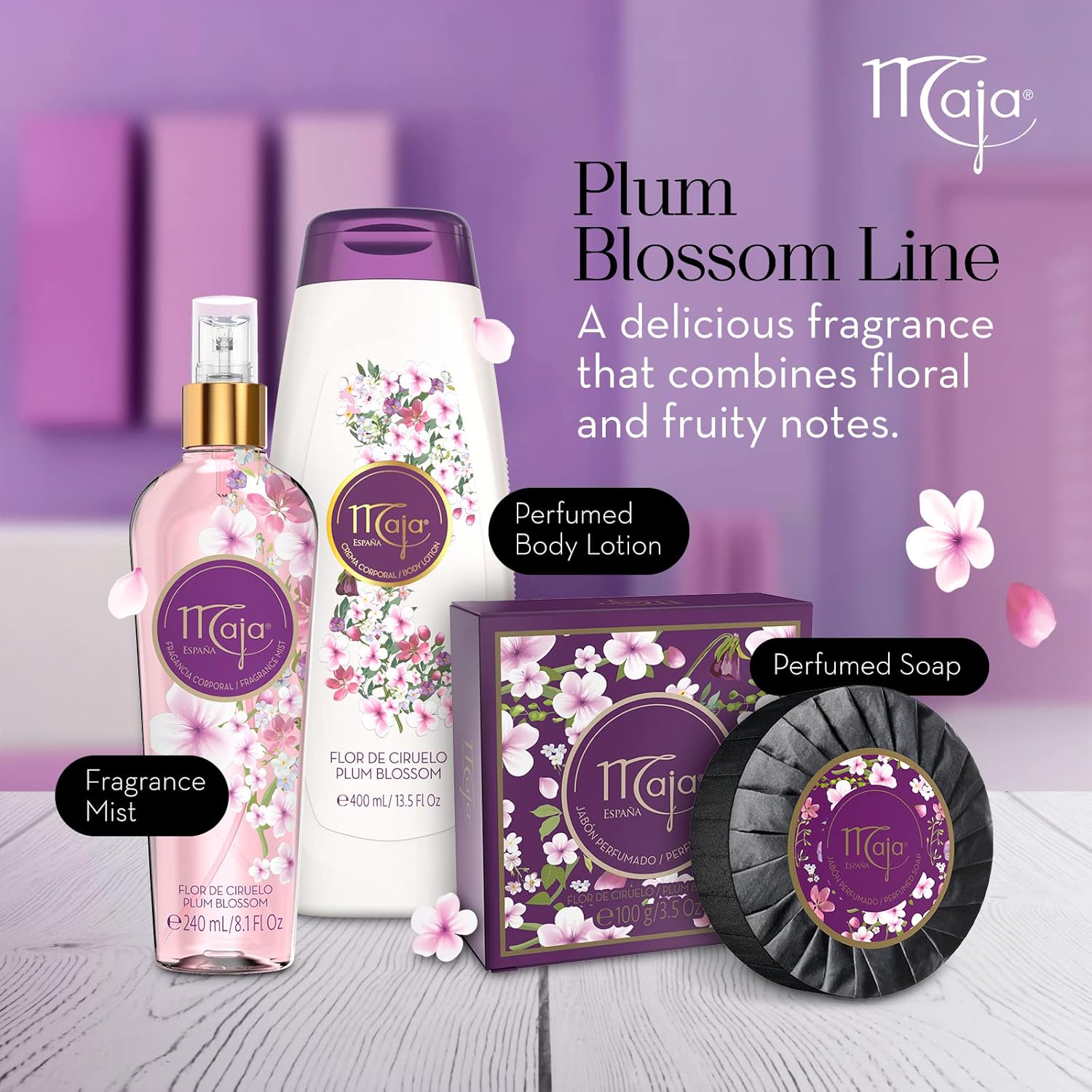 Maja Plum Blossom Body Lotion, Perfumed Body Lotion with Almond Oil and Vitamin E for Dry Skin, Keeping your Skin Hydrated, Floral and Fruity Fragrance, 2-Pack of 13.5 FL Oz each, 2 Bottles