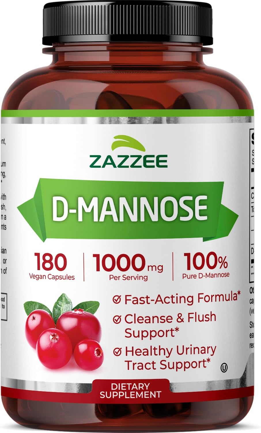 Zazzee D-Mannose, 1000 mg per Serving, 180 Vegan Capsules, 3 Month Supply, Potent & Fast-Acting, Certified Kosher, 100% Pure, All-Natural Urinary Tract Health Support, 100% Vegetarian, Non-GMO