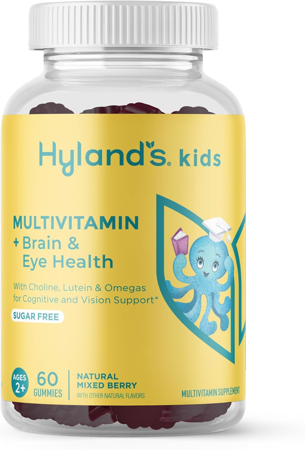 Hyland's Kids Multivitamin + Brain & Eye Health, Sugar Free Natural Mixed Berry Flavored Gummies with Choline, Lutein & Omegas, 60ct Bottle