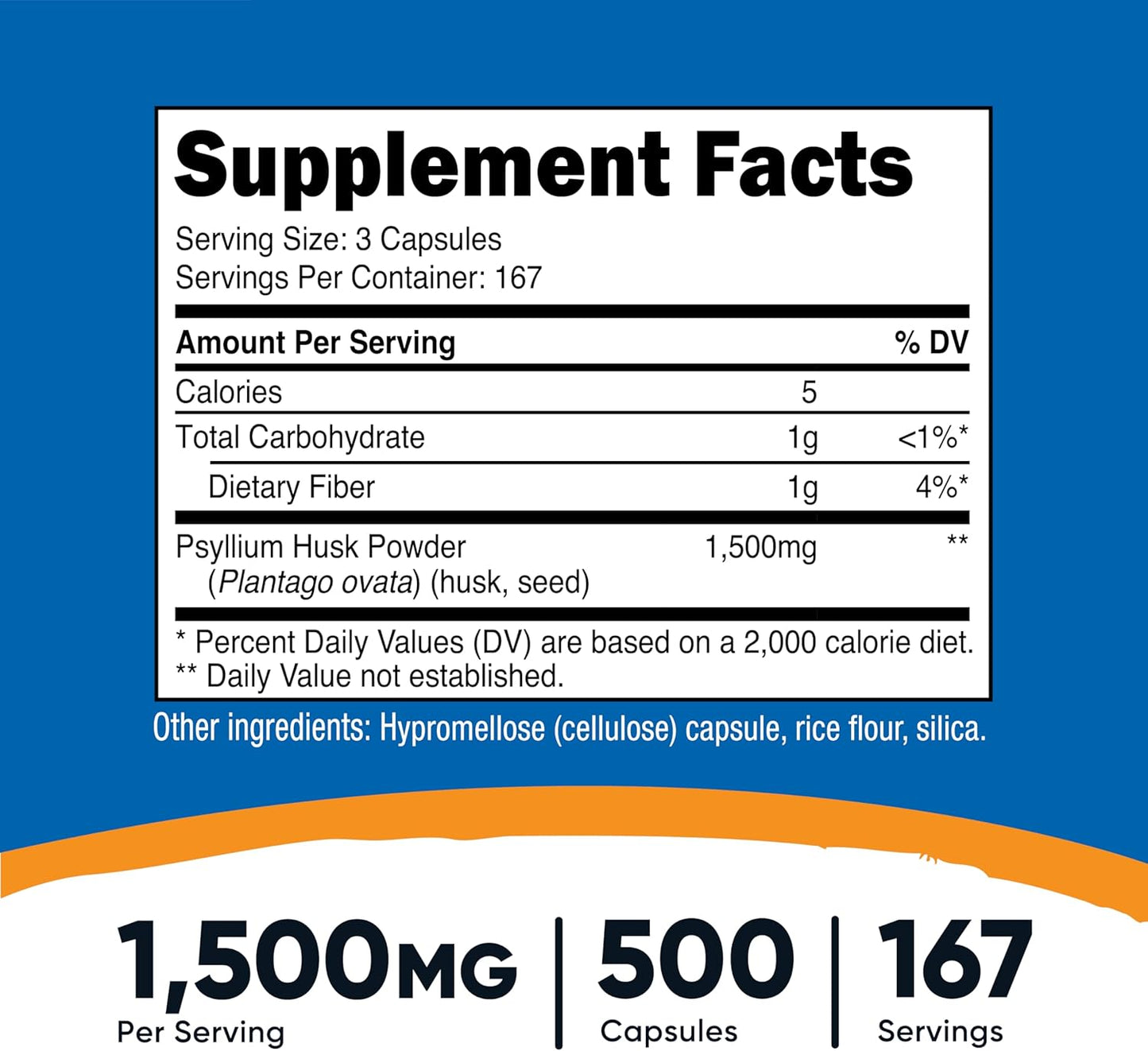 Nutricost Psyllium Husk 1500mg Per Serving, 500 Capsules - Non-GMO & Gluten Free