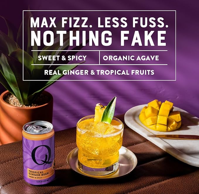 Q TROPICAL GINGER BEER with Real Ginger, Tropical Fruits & Organic Agave - Ideal for Cocktails & Mocktails - Real Ingredients & Perfectly Carbonated - 90 Calories per Can - 7.5 Fl Oz Cans (Pack of 24)