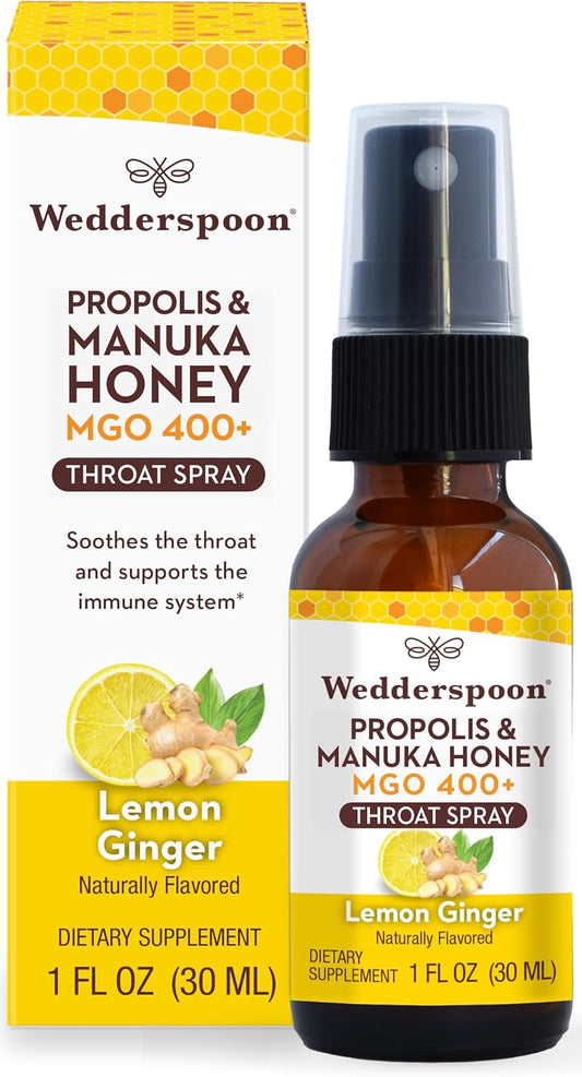 Wedderspoon Propolis and Manuka Honey Throat Spray, Lemon & Ginger, 1 Fl Oz (Pack of 1), Sore Throat Relief, Natural Immune Support