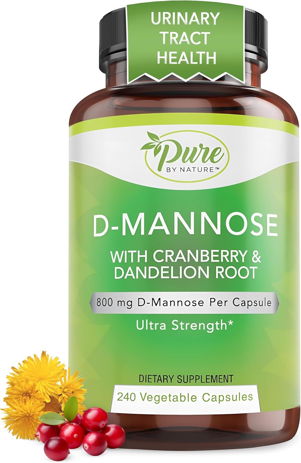 Pure By Nature 600mg D-Mannose Vegan Capsules with Cranberry & Dandelion Extract, Urinary Tract Health Support, Flush Impurity, Detox Body, 240 Count
