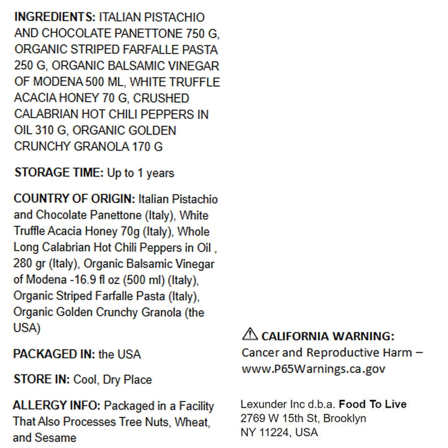 Food To Live Holiday Gift Basket – Italian Pistachio and Chocolate Panettone, Organic Pasta, Organic Balsamic Vinegar, Truffle Honey, Calabrian Hot Chili Pepper and Crunchy Granola