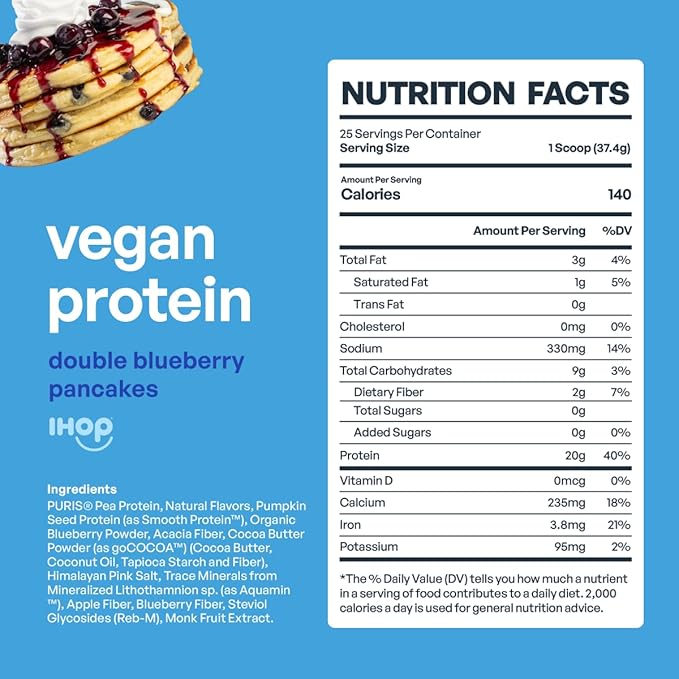 BE AMAZING Vegan Protein Powder, IHOP Double Blueberry Pancakes, 20g Plant Based Protein with Prebiotic Fiber, Low Carb, Dairy and Gluten Free Shake Mix, No Added Sugar, 29.3 oz, 25 Servings
