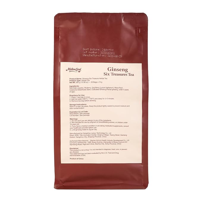 Kidney Tea Formula Ginseng Six Treasure Tea -Upgraded Ginseng Five Treasures,Natural Herbal Blend with 6 Traditional Chinese Herbs Kidney , Caffeine-Free,Detox & Cleanse, Liver Support & Energy Boost For Men Women(1 Pack/30 Bags)(Six treasure)