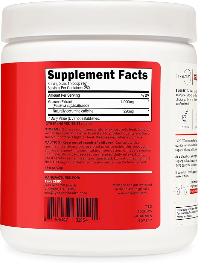 Type Zero Clean Guarana Powder Drink Mix (250 Servings, Unflavored) - 220 MG Caffeine Per Serving, Natural Caffeine, Non GMO, Gluten Free