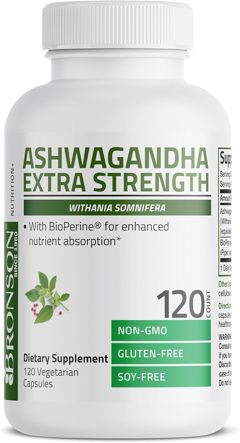Bronson Ashwagandha Extra Strength Stress & Mood Support with BioPerine - Non GMO Formula, 120 Vegetarian Capsules