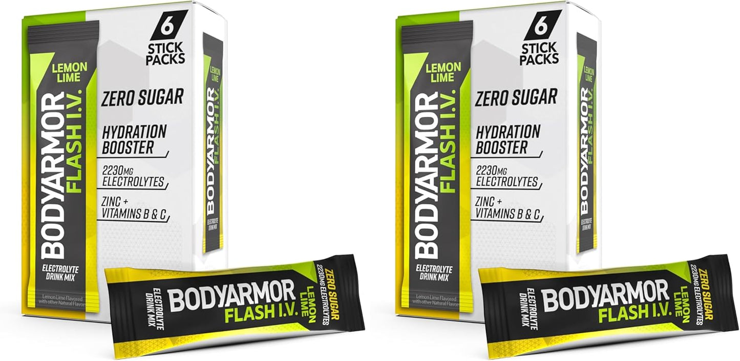 BODYARMOR Flash IV Electrolyte Packets, Lemon Lime - Zero Sugar Drink Mix, Single Serve Packs, Coconut Water Powder (6 Count) (Pack of 2)