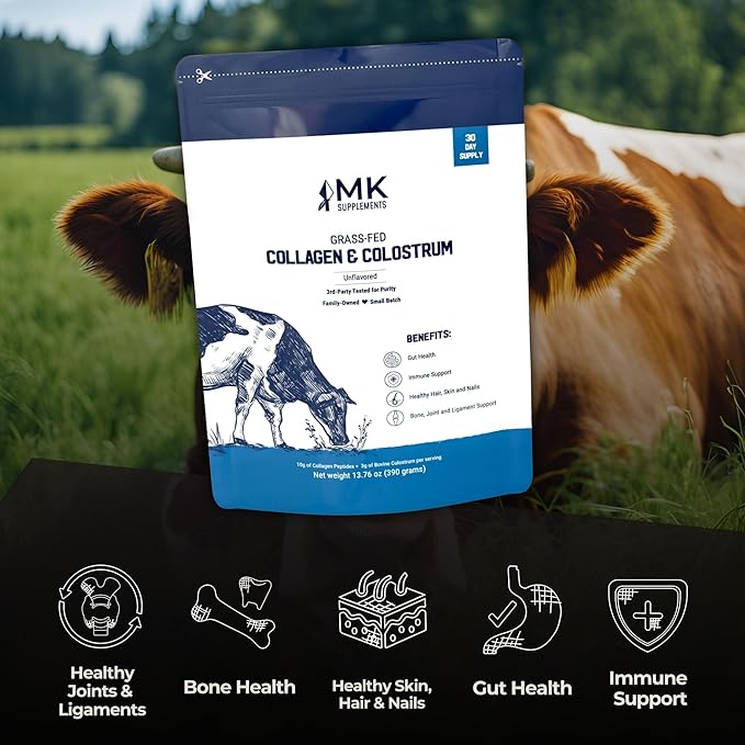MK Supplements Collagen & Colostrum – Grass-Fed Bovine Collagen & Bovine Colostrum Powder – Skin, Gut, Joint & Immune Support – Keto, Paleo, Carnivore Friendly – No Additives
