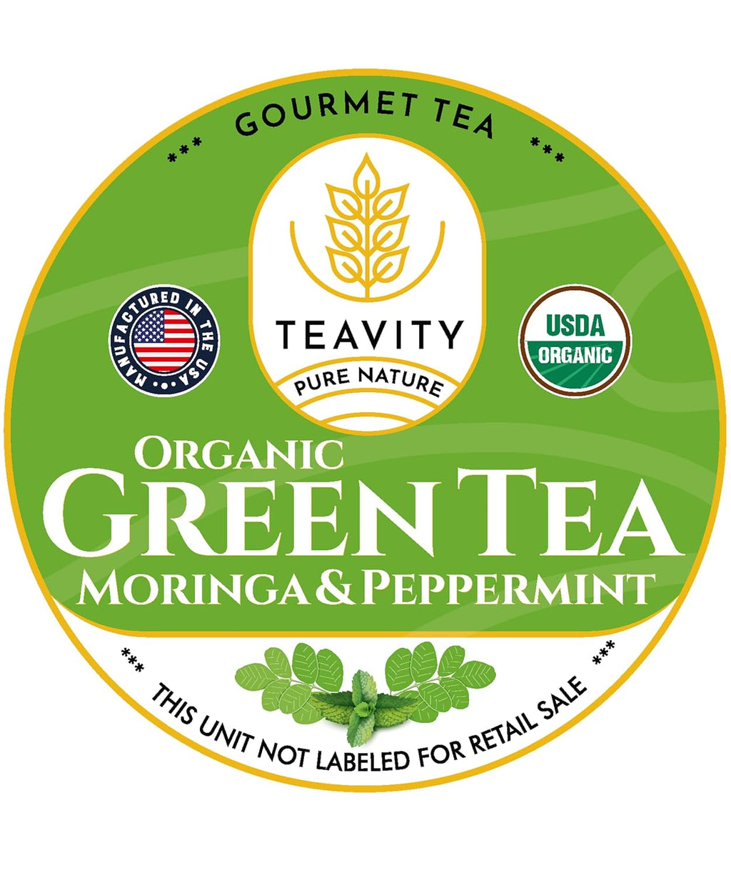 Organic Moringa Green Tea with Peppermint Tea Pods for Keurig - Naturally Caffeinated by Teavity (12 Tea Pods)