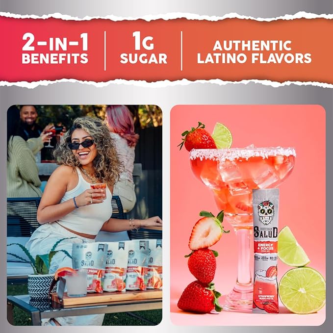 Salud 2-in-1 Energy Drink Powder + Focus, Strawberry Margarita, Organic Caffeine, B6 + B12, Theanine, Clean Energy Drink Packets, Agua Fresca Mix, Non-GMO, Gluten Free, Vegan, 1g of Sugar, (15 Servings)