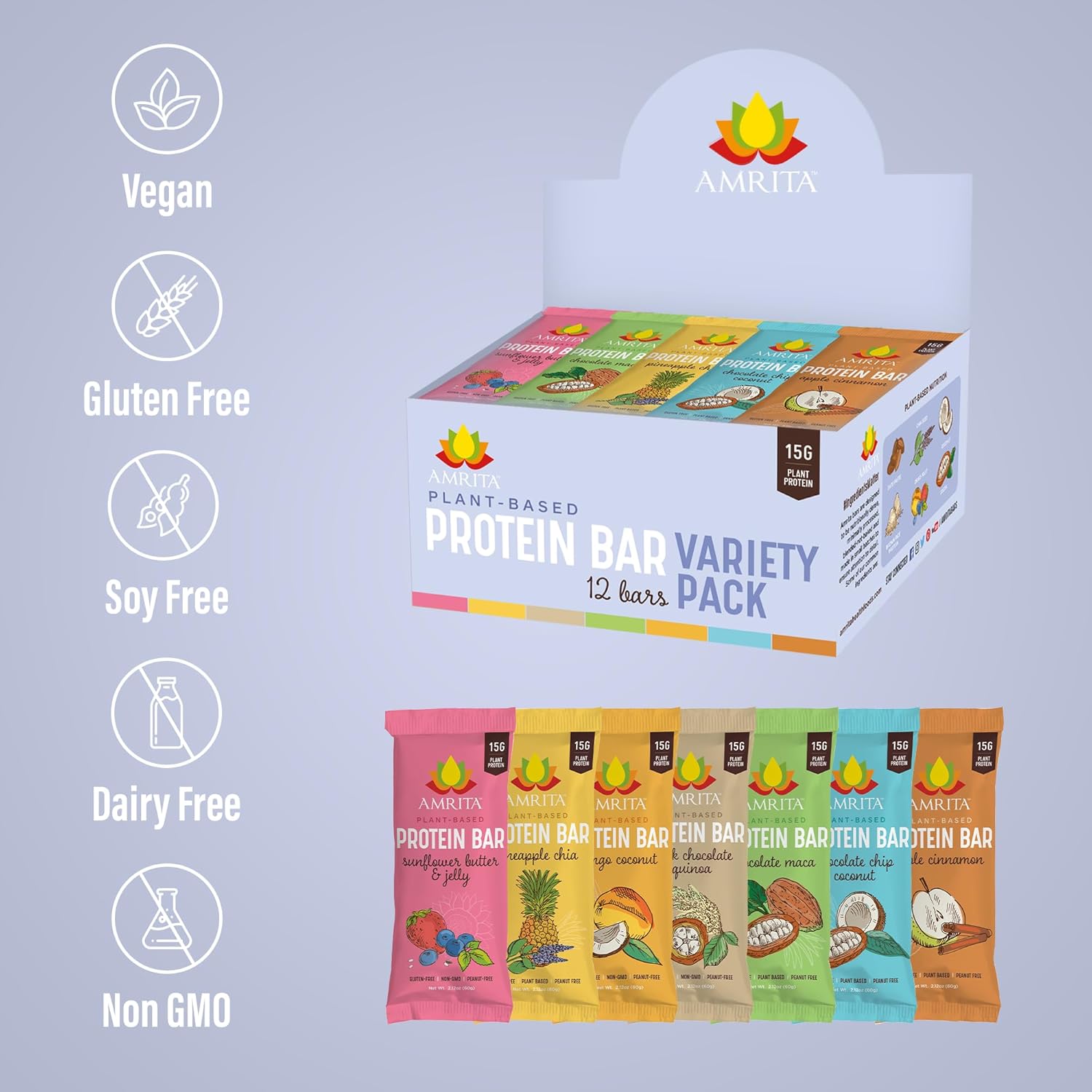 Amrita Nut Free Variety Pack Vegan Protein Bars (12 Count PK of 3) | 11g to 12g Plant-Based Protein Bar | Peanut Free, Gluten Free, and Dairy Free | Low Sugar, High Fiber, Healthy School-Safe Snacks