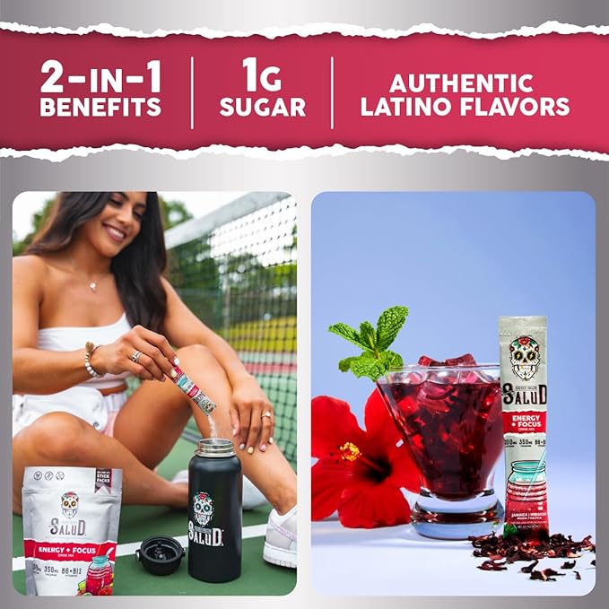 Salud 2-in-1 Energy Drink Powder + Focus, Hibiscus, Organic Caffeine, B6 + B12, Theanine, Clean Energy Drink Packets, Jamaica Agua Fresca Mix, Non-GMO, Gluten Free, Vegan, 1g of Sugar, (15 Servings)