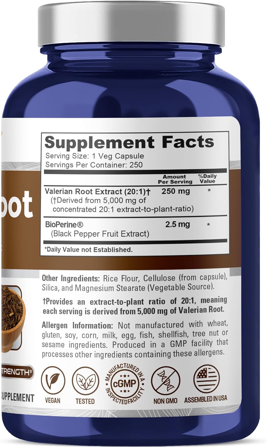 NusaPure Valerian Root 20:1 Extract, 250 mg Equivalent to 5000mg Per Veggie Caps, 250 Count, Vegan, Non-GMO, Bioperine