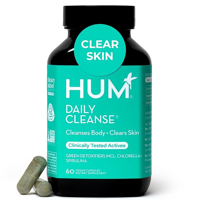 HUM Daily Cleanse Acne Supplements for Women & Men, Gentle Digestive Cleanse for Clear Skin Support, Zinc, Spirulina, Chlorella, Detoxifying Herbs, Organic Algae, Skin Vitamins Supplement, 60 Capsules