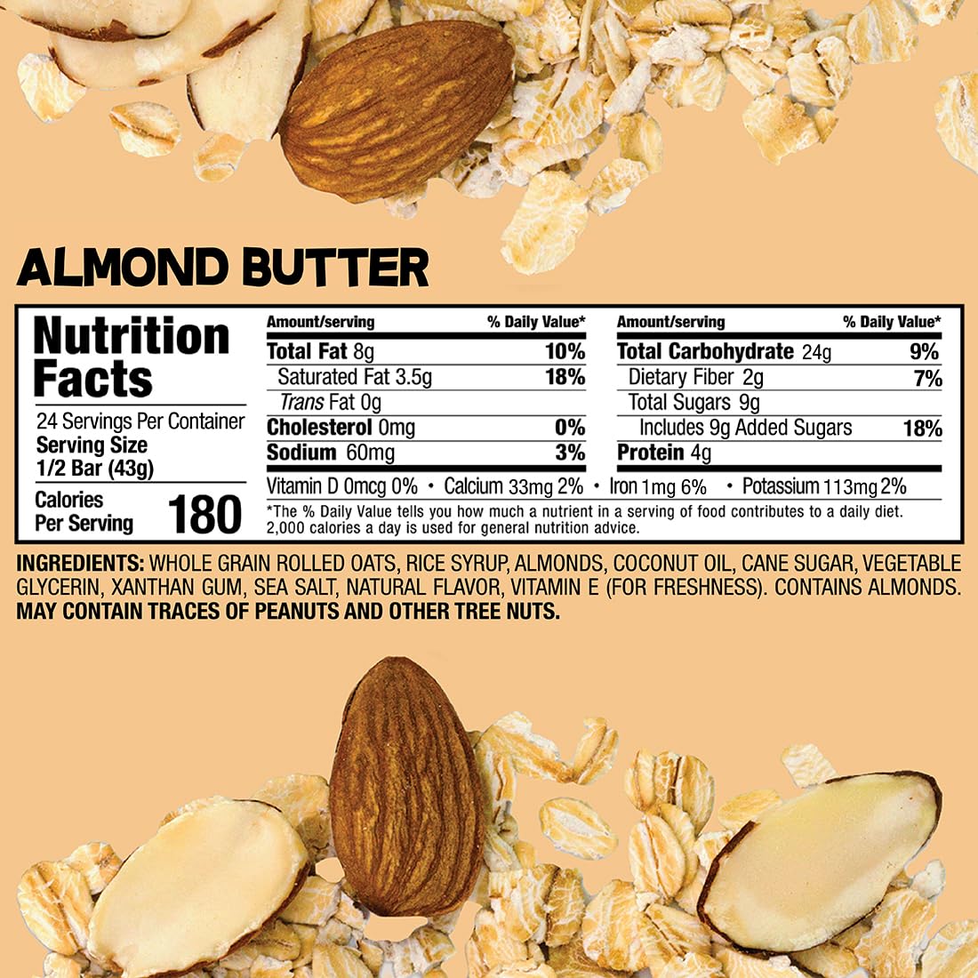 Bobo's Almond Butter Oat Bars, Gluten Free, Non-GMO, Whole Grain Oats, Pack of 12 | Snack Bars | On-the-Go | Made with Simple Ingredients