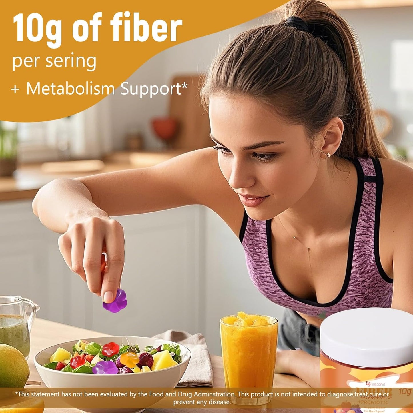 10G Fiber Gummies for Adults - Support Digestive Health - Fiber Supplement with 30 Billion CFU Probiotics Blend, ACV, Vitamin C, Inulin - No Sugar Added - Fruit Flavored - 180 Count