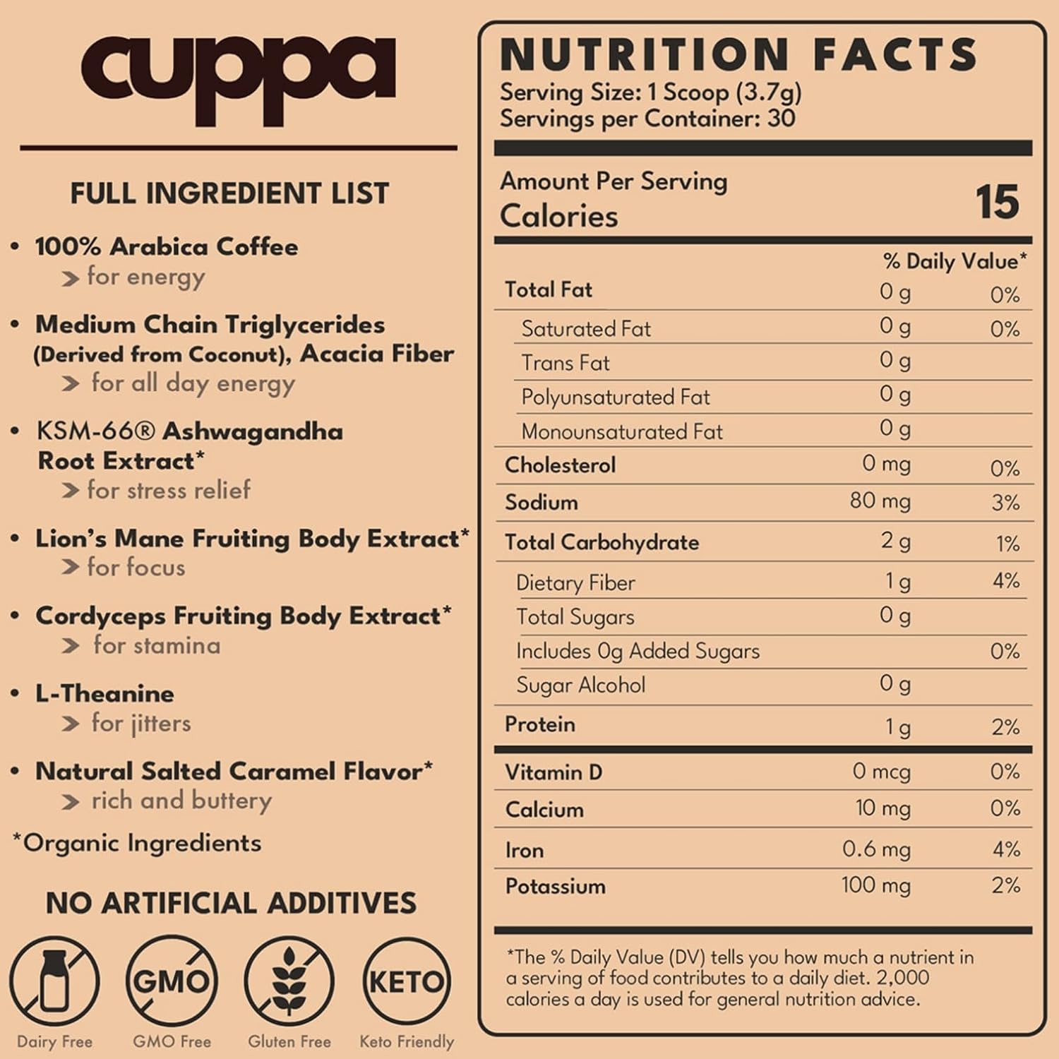 Cuppa Salted Caramel Healthy Mushroom Insant Coffee with Lion's Mane & Ashwagandha for All Day Energy & Focus - No Crash or Jitters - Nootropics for Brain Health, Gut Health, Immunity, Stress, Memory + Mood - 60 Servings