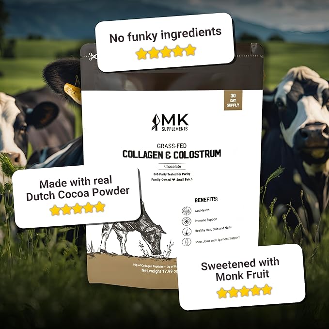 MK Supplements Collagen & Colostrum – Grass-Fed Collagen Peptides & Colostrum Powder for Hair, Nail, Skin, Bone & Joint Health, Chocolate Flavor + Monk Fruit