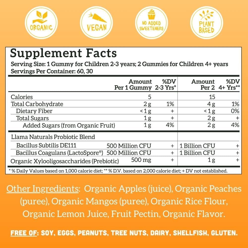 Llama Naturals Kids Probiotic with Prebiotic Fiber, Vegan, Organic Prebiotics and Probiotics Gummies for Gut Health Support, Toddler Real Fruit Gummy Vitamins, No Added Sugar Cane, Peach Mango, 60 Ct