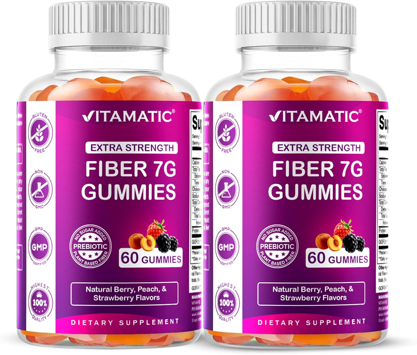 Vitamatic Prebiotic Fiber Gummies for Digestive Health & Regularity, Extra Strength, 7g Fiber per Serving, Zero Sugar Added, Made in USA, 60 Count (2 Pack)