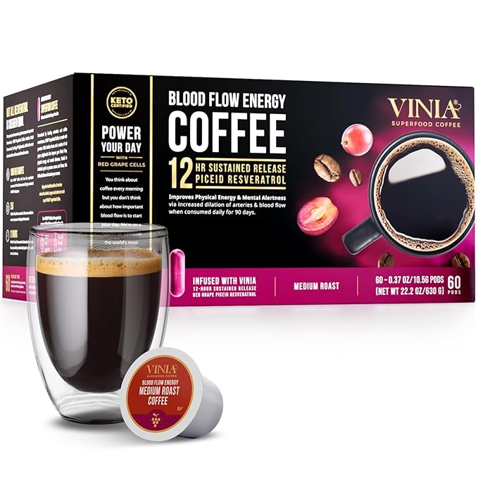 VINIA Medium Dark Roast with Red Grape Piceid Resveratrol, Nitric Oxide for Heart Health, Alertness, Physical Energy & Blood Flow Circulation. 60ct K-Cup Pods