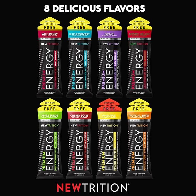 NewTrition® Extra Strength Energy Shots 1.7 fl oz - 250mg Caffeine with B Vitamins & Amino Acids, Sugar-Free Zero Calorie Vitamin Energy Drink for Focus & Endurance (Pack of 24, 4 Flavors - Mixed 1)