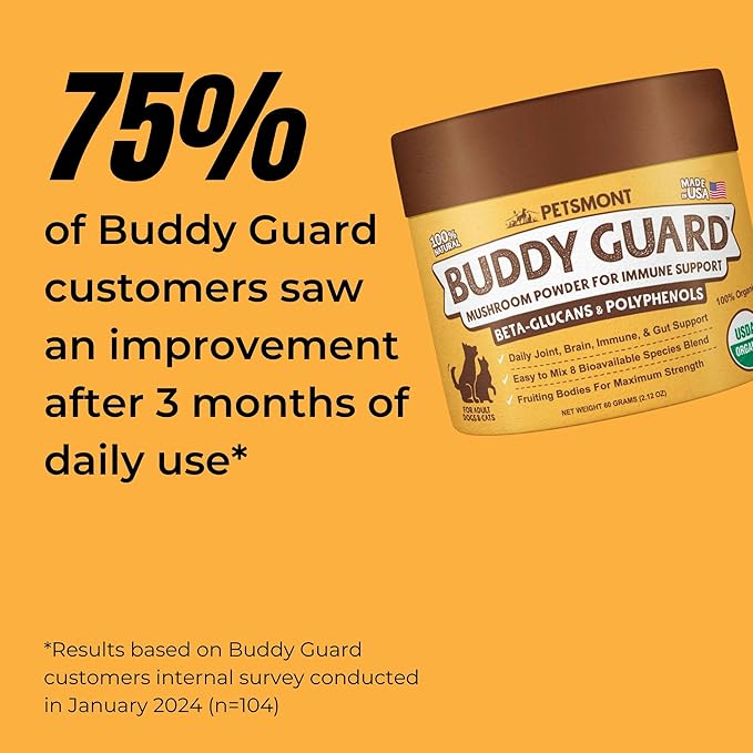 Petsmont Buddy Guard for Lumps and Bumps, Lipoma for Dogs & Cats, Patent Pending Organic 9 Mushroom Powder Blend Natural Dog Probiotic & Immune Support Chaga, Reishi, Lion's Mane, Turkey Tail Mushroom