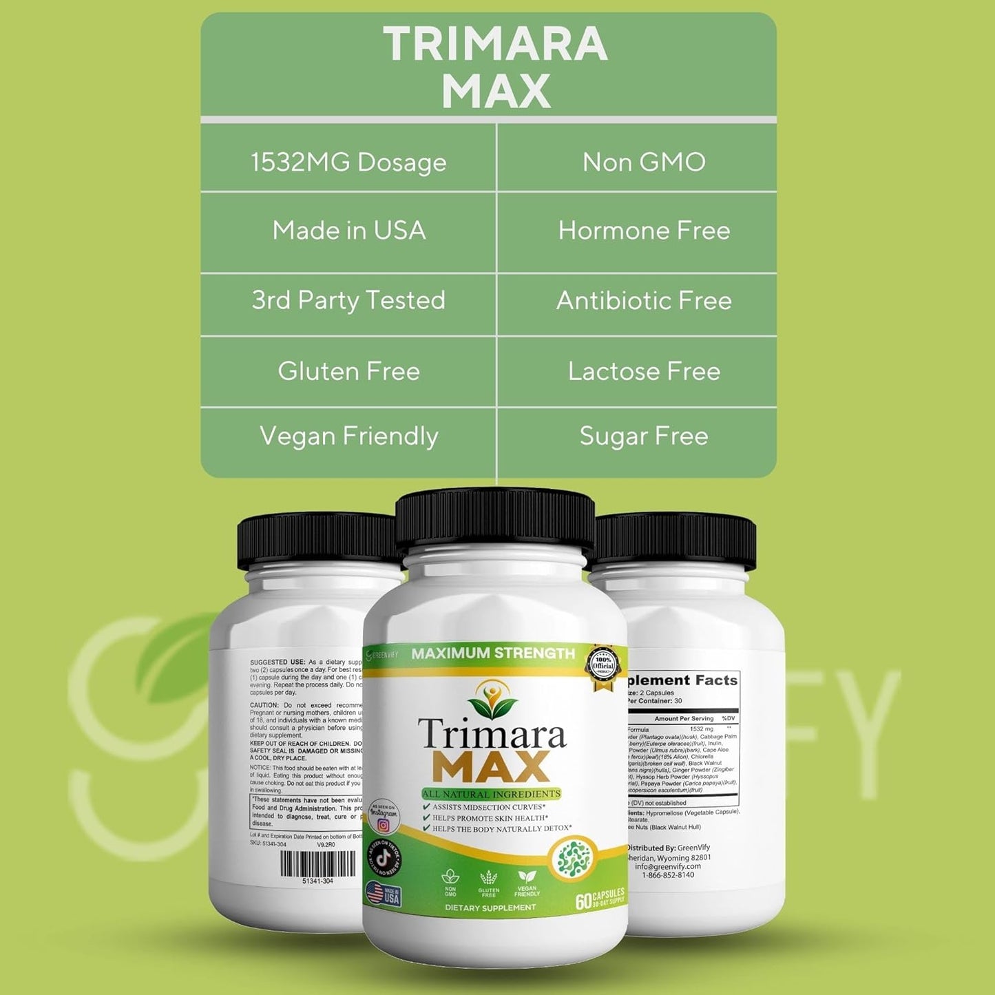 Trimara Max Maximum Strength Natural Dietary Supplement, 60 Capsules, All Natural Ingredients with Psyllium Powder, 30-Day Supply (3)