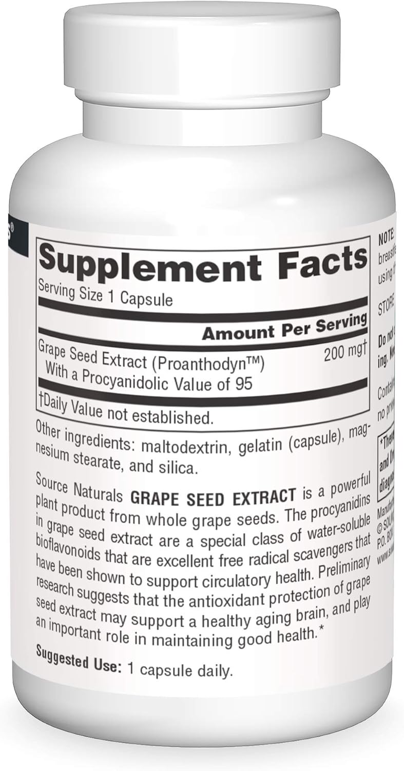 Source Naturals Proanthodyn Grape Seed Extract, Antioxidant Protection, Supports a Healthy Aging Brain*, 200 mg - 60 Capsules