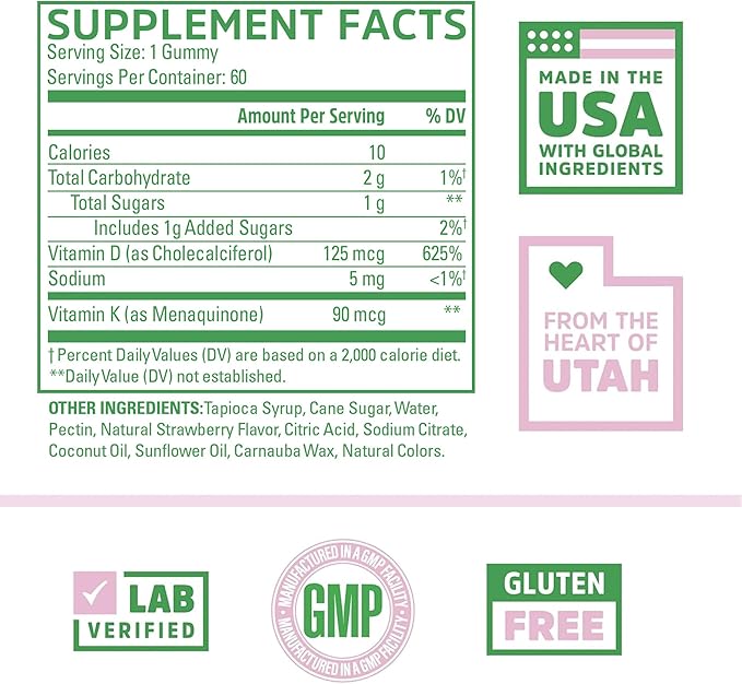 Zhou D3+K2 - Vitamin D3 K2 Supplement for Women & Men, Immune Support Vit D3 and K2 Gummy, Gelatin Free Formula with 5000 IU of D3 and MK-7 - 60 Veggie Gummies (Pack of 1)