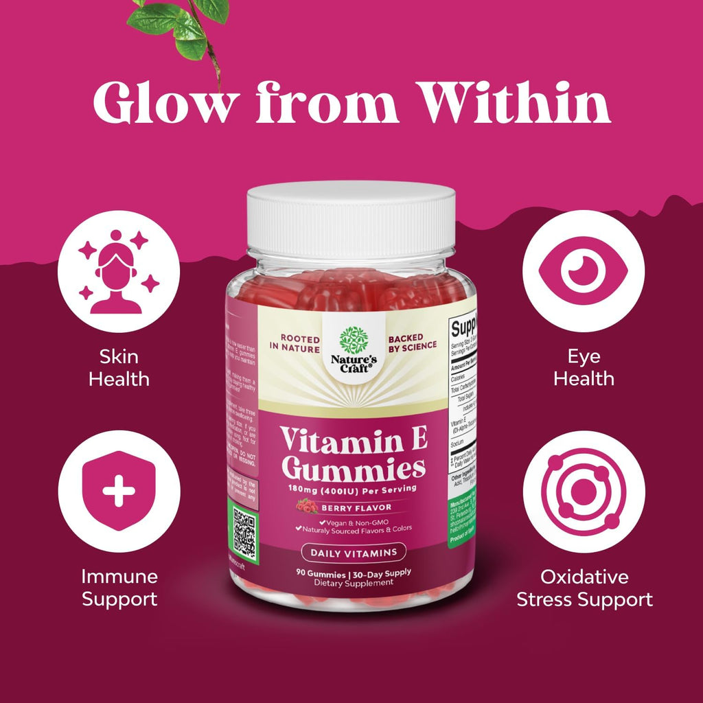 Natures Craft Vitamin E Gummies for Skin Care - High-Potency Vitamin E 400 IU Skin Supplement - Delicious & Easy-to-Take Supplement Promote Health Immune Support & Cellular Protection (3 Months)