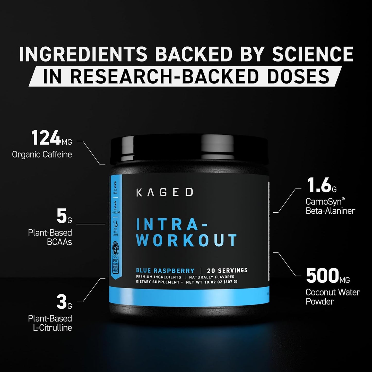 Kaged Intra-Workout Powder In-Kaged BCAAs, L-Citrulline & Beta-Alanine for Endurance 124mg Organic PurCaf Caffeine Coconut Water Powder 20 Servings Blue Raspberry