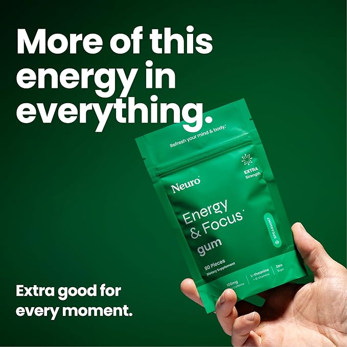 Neuro Energy & Focus Gum, Extra Strength - 100mg Natural Caffeine Gum & Nootropic Energy Supplement with L-Theanine & B Vitamins - Sugar Free, Vegan - Spearmint, 90ct